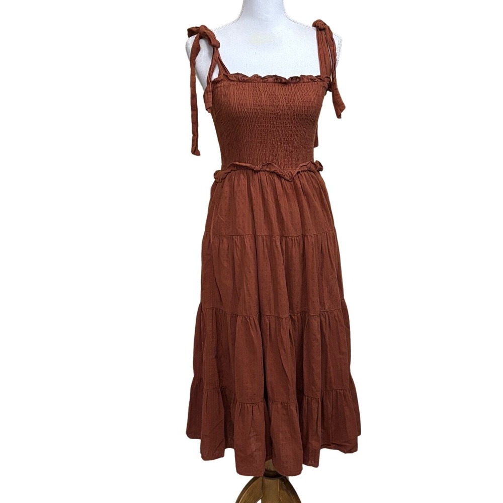 Aura Rust Brown Smocked Tiered Midi Dress Cotton Cottagecore Boho Prairie Small